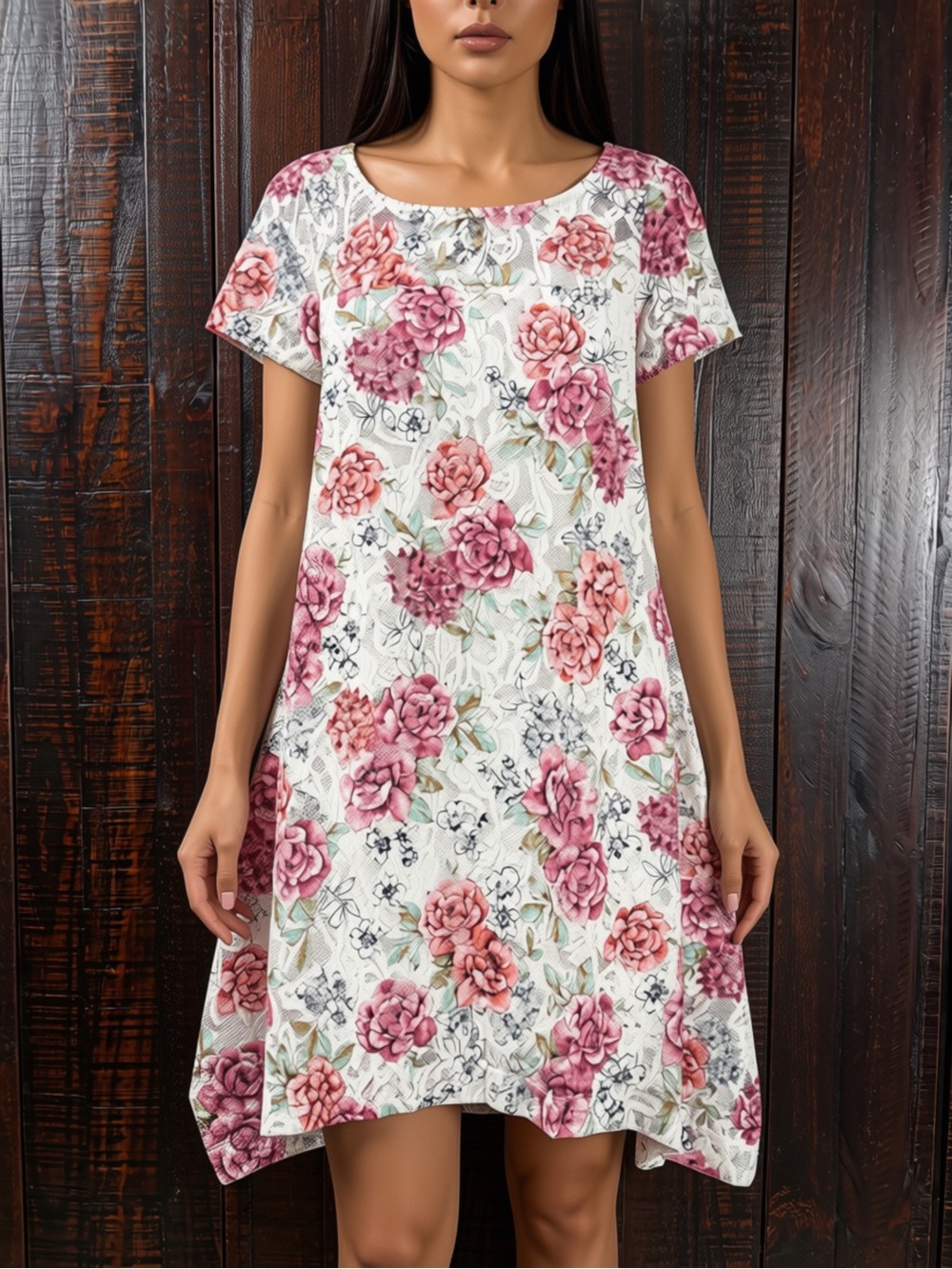 Robbie Bee Asymmetrical Lace Floral Casual Summer Dress Medium Petite